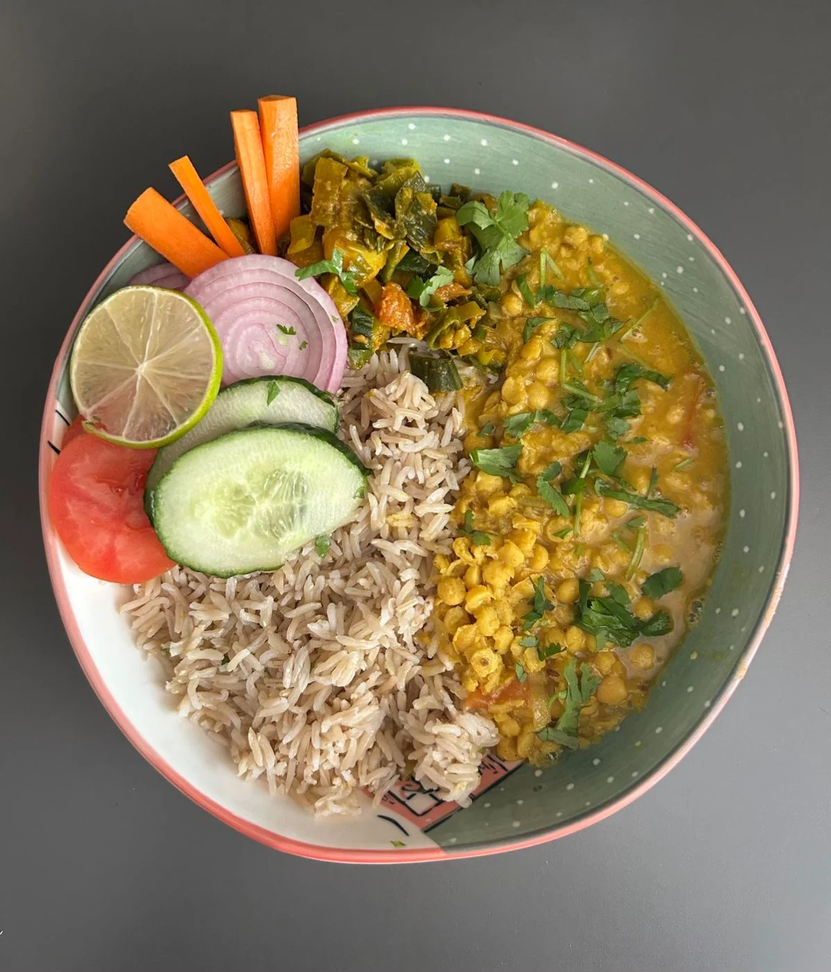 Brown rice, chana dal, methi and raw vegetables