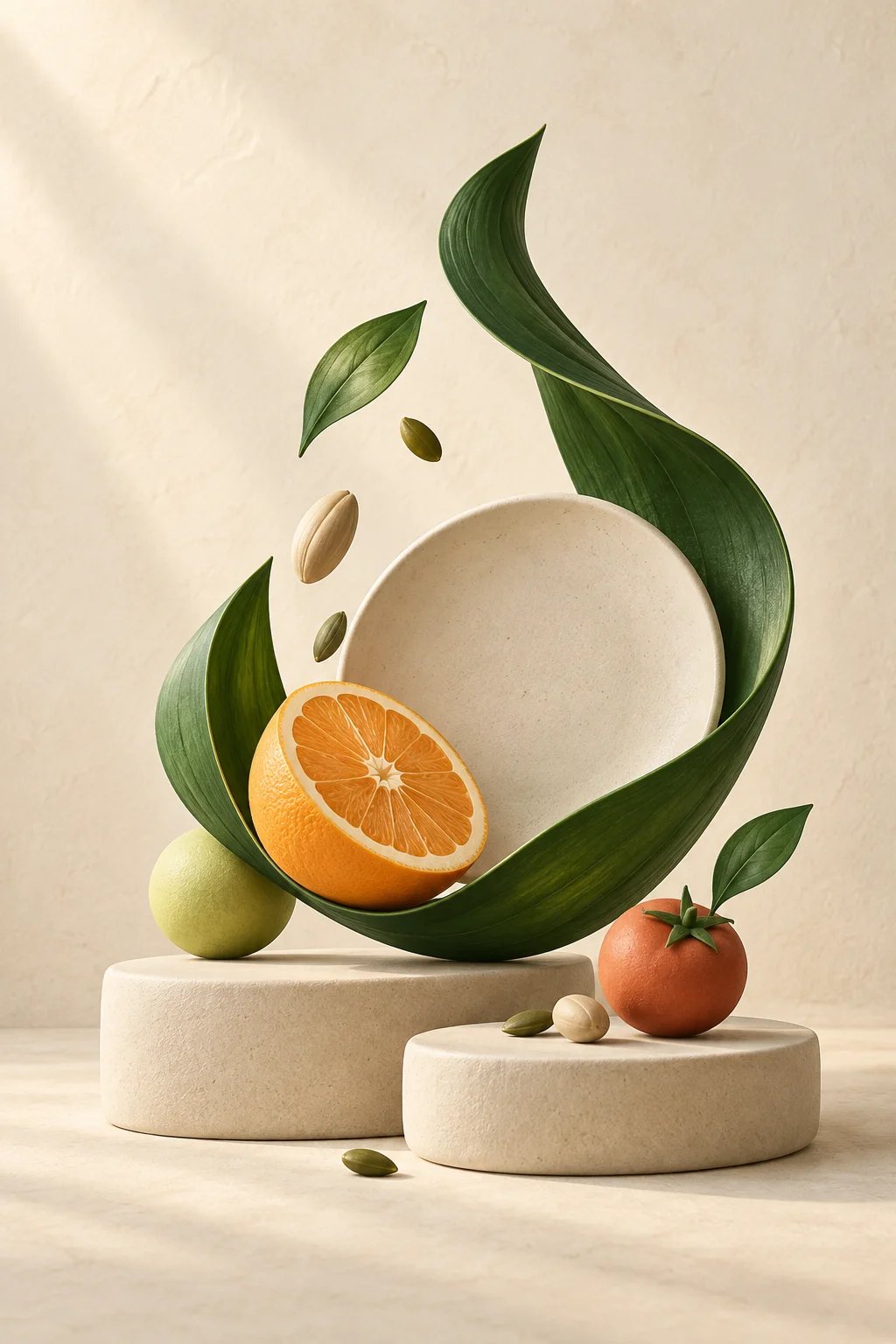 Leaves, citrus and seeds arranged on cream forms